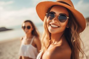 Woman smiling on beach, showing perfect teeth