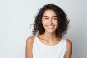 Beautiful, smiling woman wearing white tank top